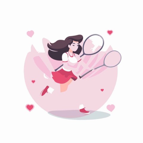 Tennis player girl with racket and ball. Flat vector illustratio