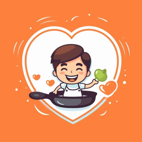 Cute boy cooking with pan and heart shape vector illustration de