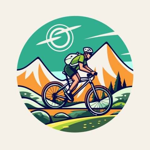 Mountain bike cyclist riding on the road round icon vector illus