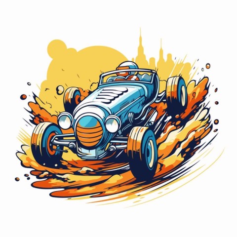 Vintage race car on grunge background. Hand drawn vector illustr