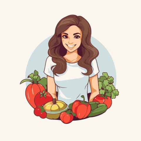 Beautiful smiling woman with fresh vegetables. Vector illustrati