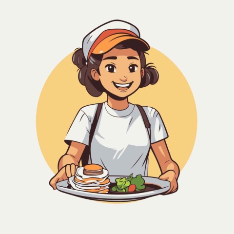 Chef woman holding a plate with pancakes. Vector cartoon illustr