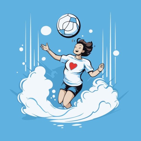 Vector illustration of a woman playing volleyball on a blue back