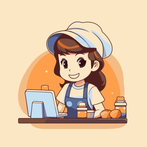 Cute little girl chef cooking in kitchen. Cartoon vector illustr