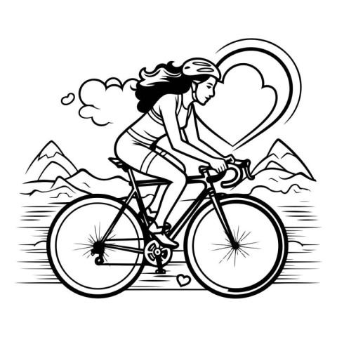 Cyclist woman with a heart in the mountains. Vector illustration