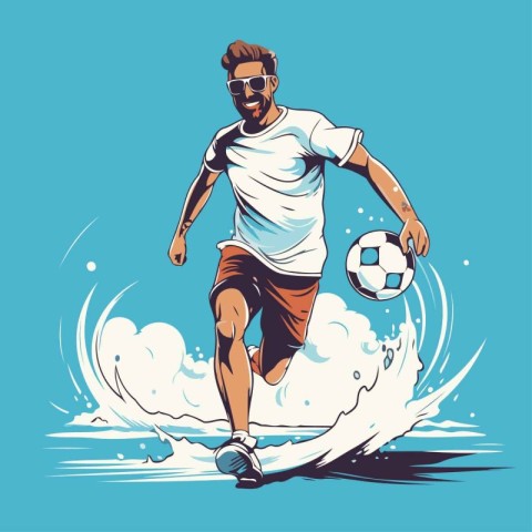 Vector illustration of a young man playing soccer on the backgro