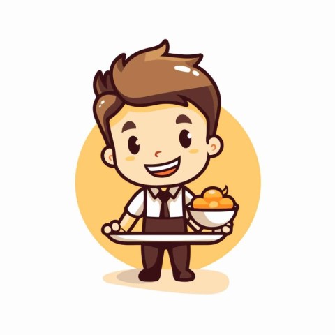 Cute cartoon boy with plate full of food. Vector illustration.