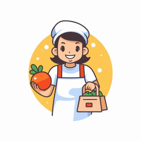 Cute cartoon girl in chef hat and apron holding a bag with veget