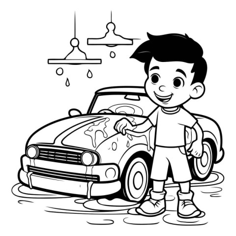 Boy washing his car - black and white vector illustration for co