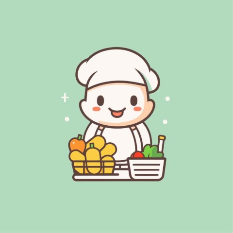 Cute chef with a basket of fruits and vegetables. Vector illustr