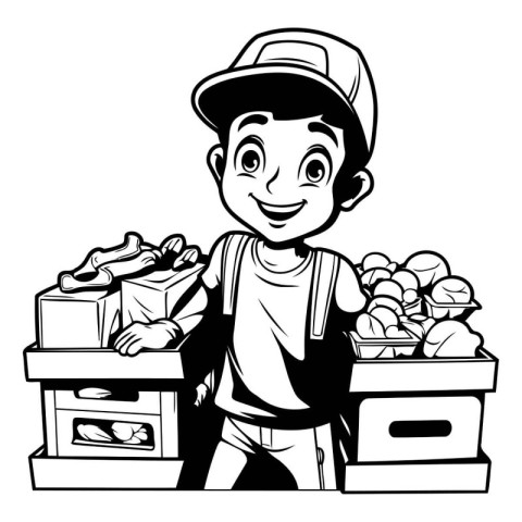 delivery boy with boxes of food cartoon black and white vector i