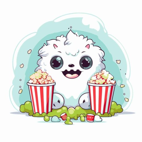 Cute cartoon dog with popcorn and dragee. Vector illustration.