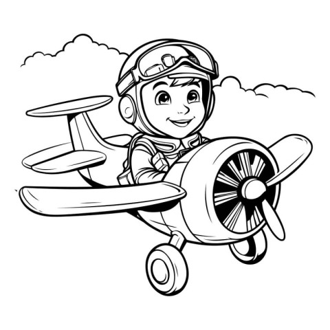 Cute boy pilot with airplane. Vector illustration. Coloring book