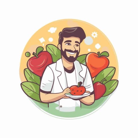 Vector illustration of male nutritionist holding plate with fres