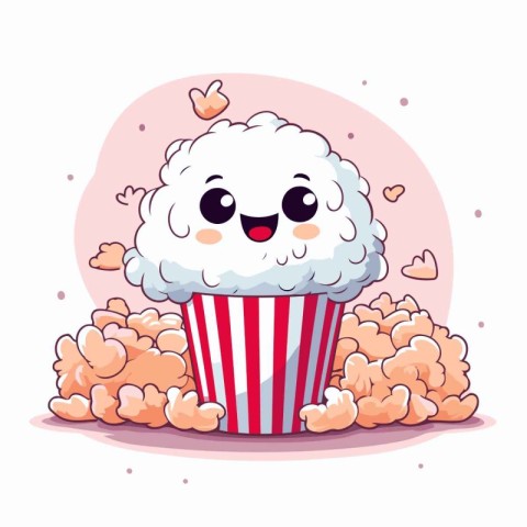 Cute cartoon popcorn with hearts and clouds on white background.