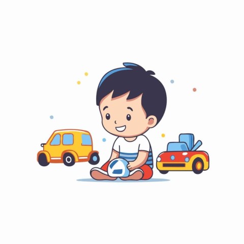 Cute little boy playing with toy car. Vector illustration in car