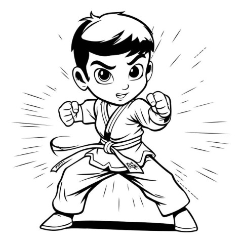 Karate boy. Black and white vector illustration for coloring boo