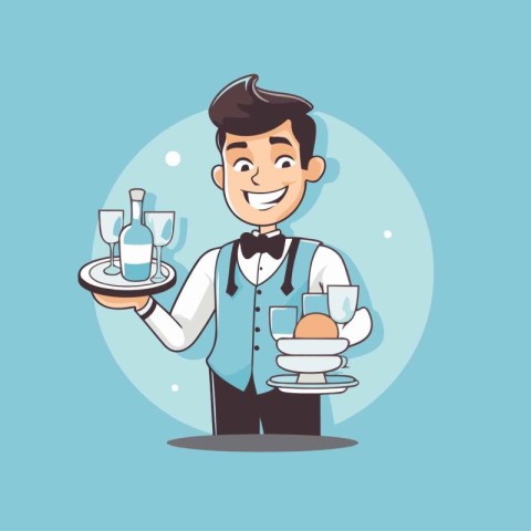 Waiter serving dishes. Vector illustration in cartoon style on b