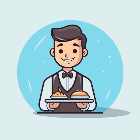 Waiter holding tray of food. Vector illustration in cartoon styl