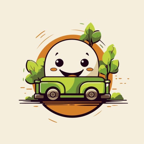 Vector illustration of a cute smiling monster driving a car in t