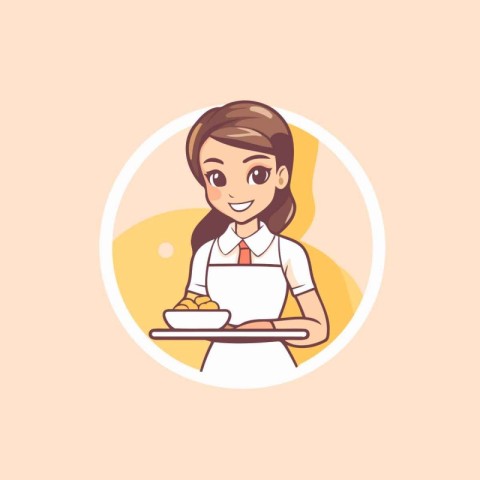 Waitress holding a tray of food. Vector illustration in cartoon