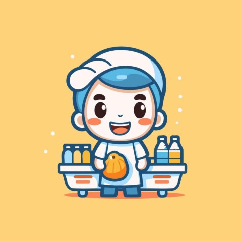 Cute chef cartoon character with food in trolley vector illustra