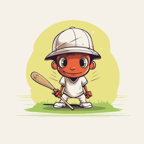 Cute cartoon boy baseball player with a bat. Vector illustration