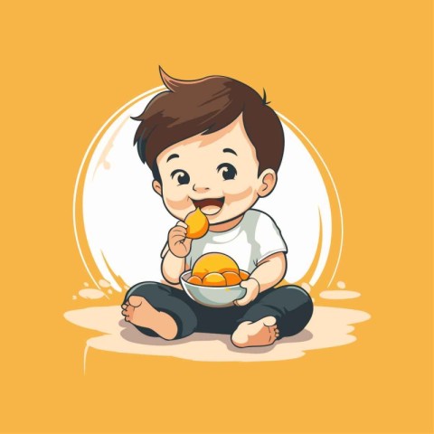 Cute little boy sitting on the beach and eating orange. Vector i