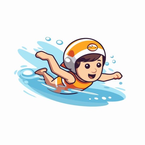 Cartoon boy swimming in pool. Swimming kid vector illustration.