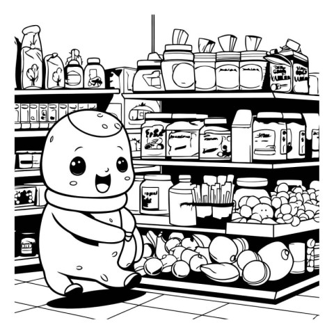 Black and White Cartoon Illustration of Cute Snowman in Grocery