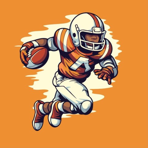 American football player running with ball on orange background.