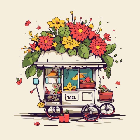 Vector illustration of a street food cart with flowers. Street f