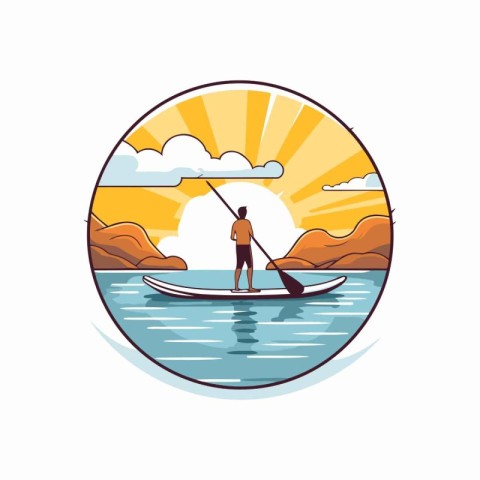 Fisherman on a stand up paddle board. Vector illustration.