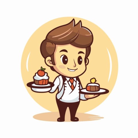 Waiter with a plate of cake. Vector illustration. Cartoon charac