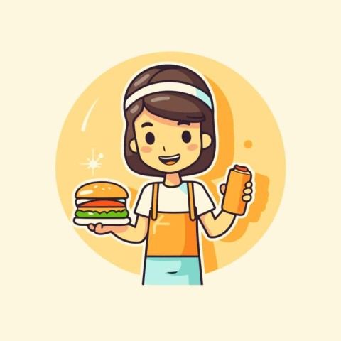 Girl holding a hamburger and a mobile phone. Vector illustration