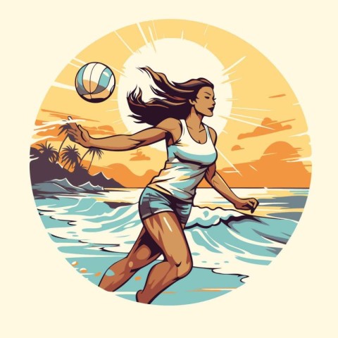 Beautiful girl playing volleyball on the beach. Vector illustrat