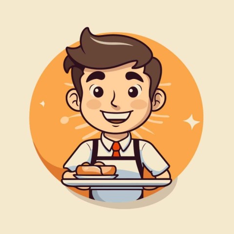 Cute cartoon waiter holding a tray of food. Vector illustration.