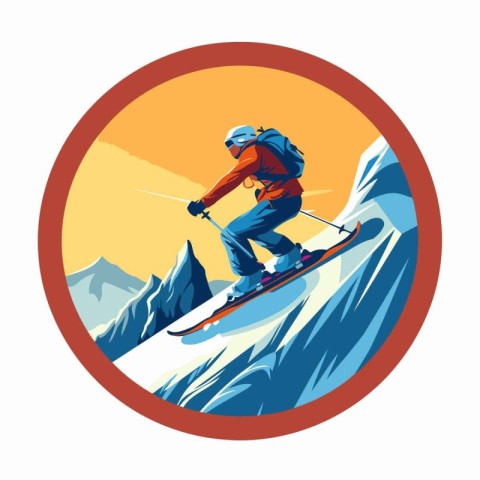 Mountain skier on the slope of a mountain. Vector illustration