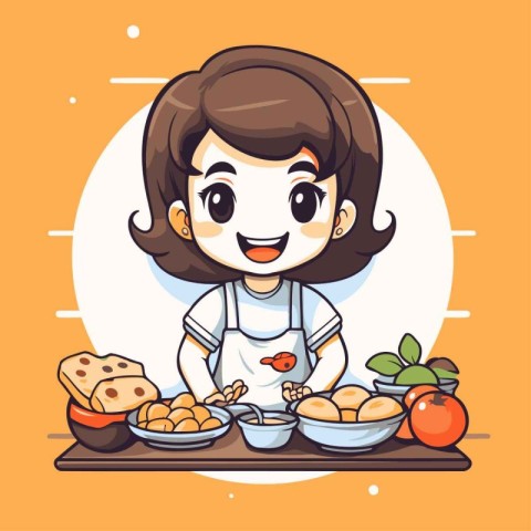 Cute girl cooking in the kitchen. Vector illustration of cartoon