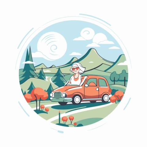 Old woman driving a car on the road in the mountains. Vector ill