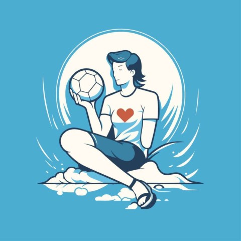 Soccer player with ball on the blue background. Vector illustrat