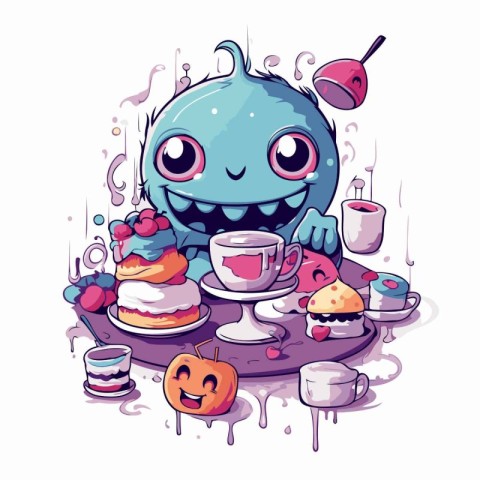 Cute cartoon monster with a cup of coffee. Vector illustration.