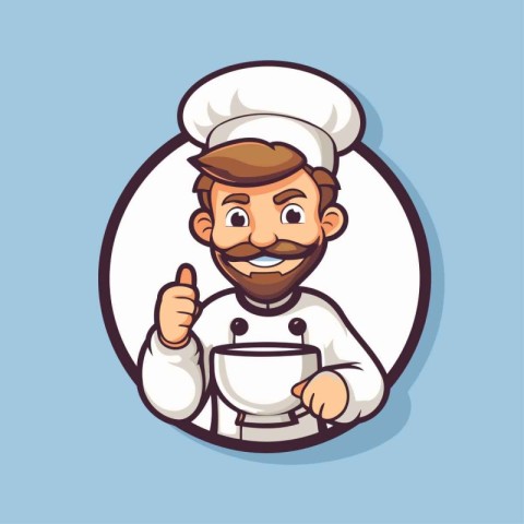 Chef holding a cup and showing thumbs up. Vector illustration.