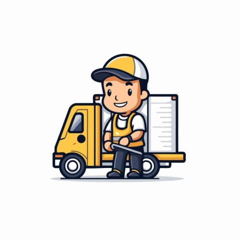 Cargo delivery man with forklift truck. Flat style vector illust