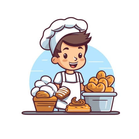 Cute cartoon boy chef with a basket of bread. Vector illustratio