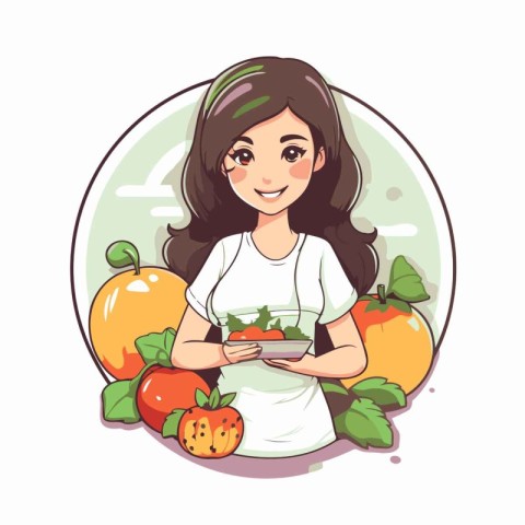 Vector illustration of a woman in a white apron holding a plate