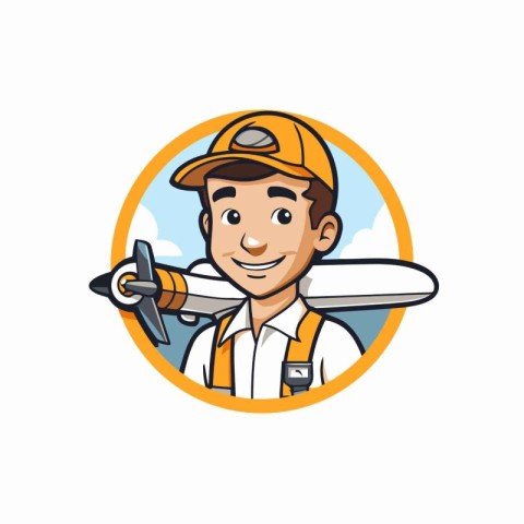 Vector illustration of a pilot with airplane in a circle on whit