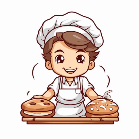 Cartoon chef with bread. Vector illustration isolated on white b