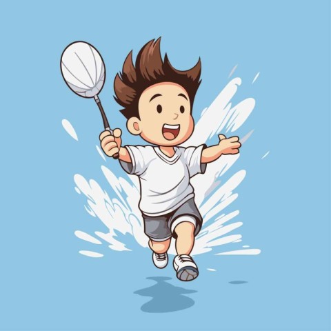 Boy playing badminton with racket and ball. Vector illustration.