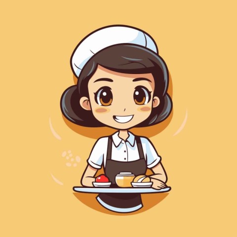 Cute little chef girl holding tray with food. Vector illustratio